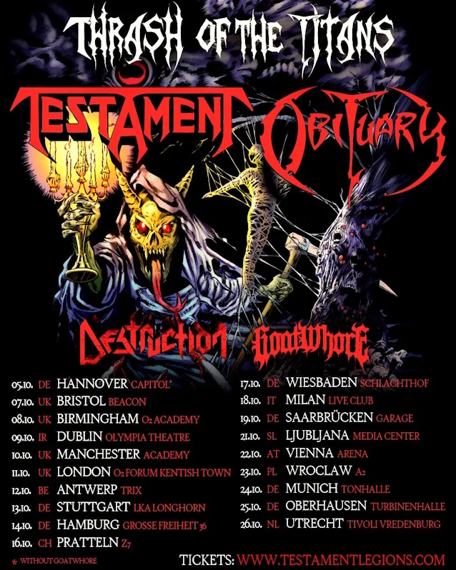 Thrash- og death metal legender Testament, Obituary, Destruction og Goatwhore bekrefter heftig Europaturné høsten 2025