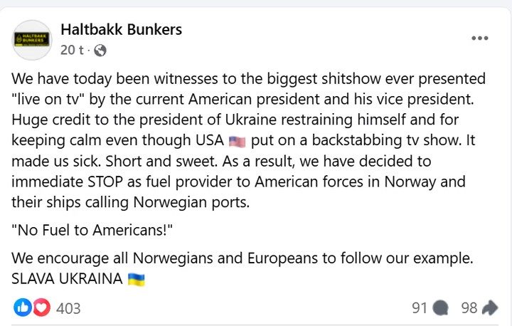 Haltbakk Bunkers stanser drivstoffleveranser til amerikanske styrker